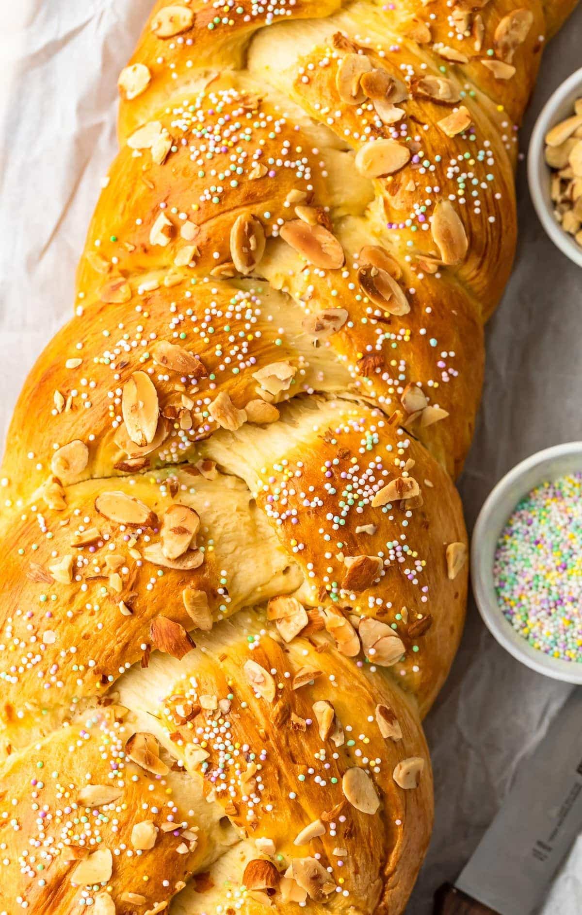 easter bread topped with almonds and spinkles
