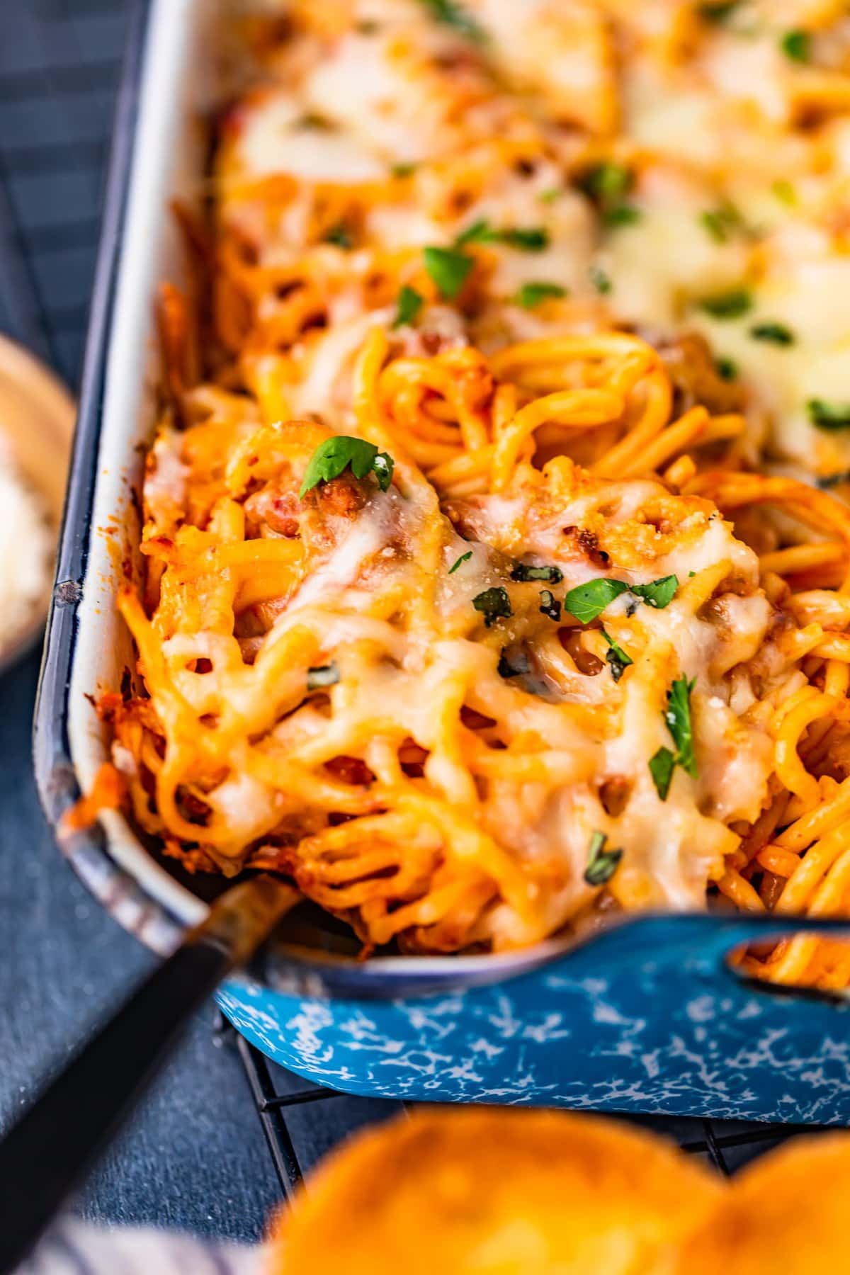 close up on a dish of baked spaghetti
