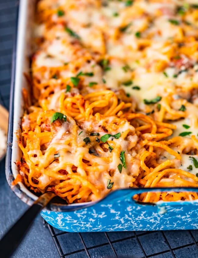 Baked Spaghetti is a cheesy, tasty, easy dinner for any night of the week. This super easy baked spaghetti recipe is something the whole family is sure to love!