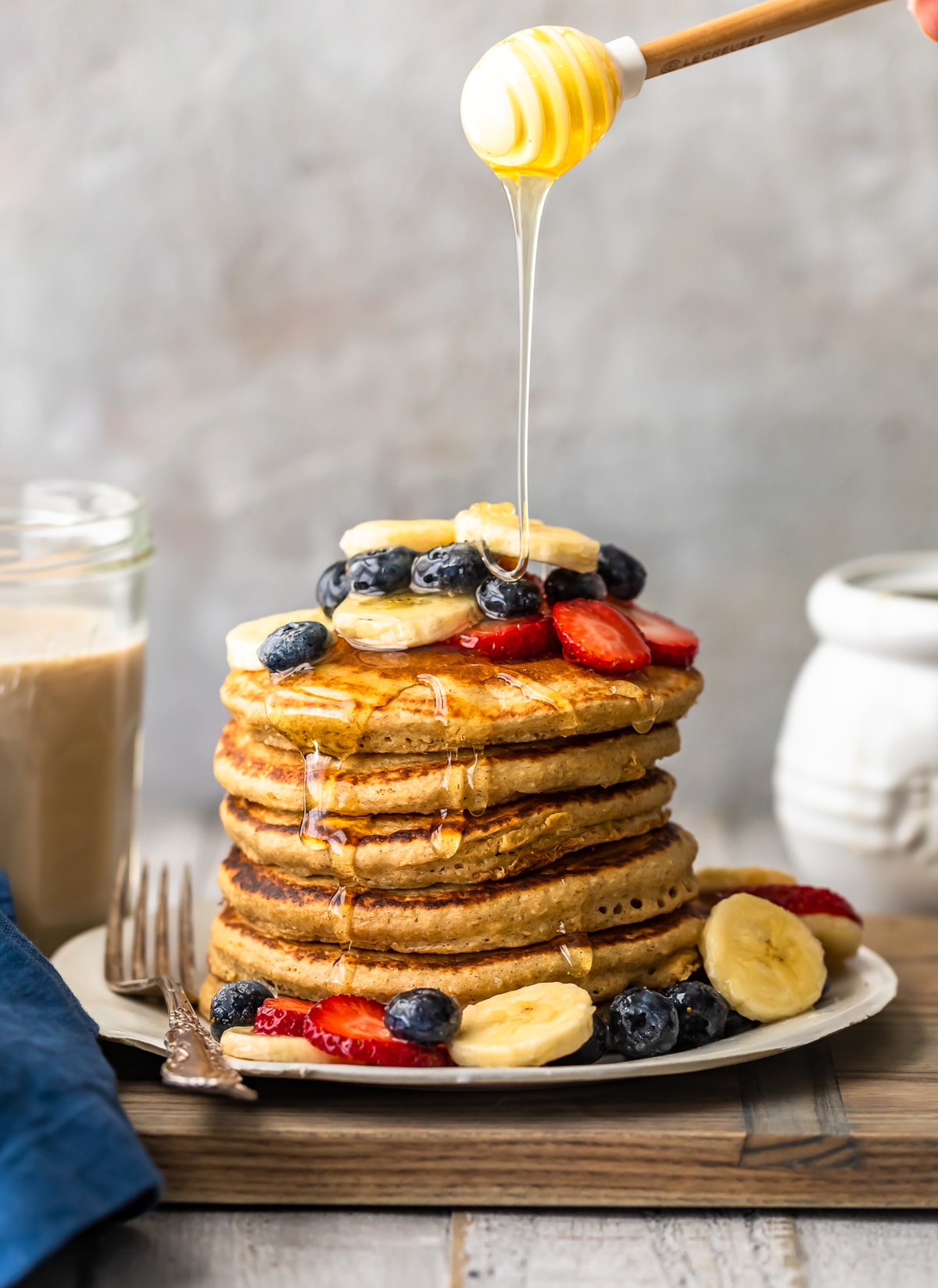 banana pancakes with honey and fresh fruit