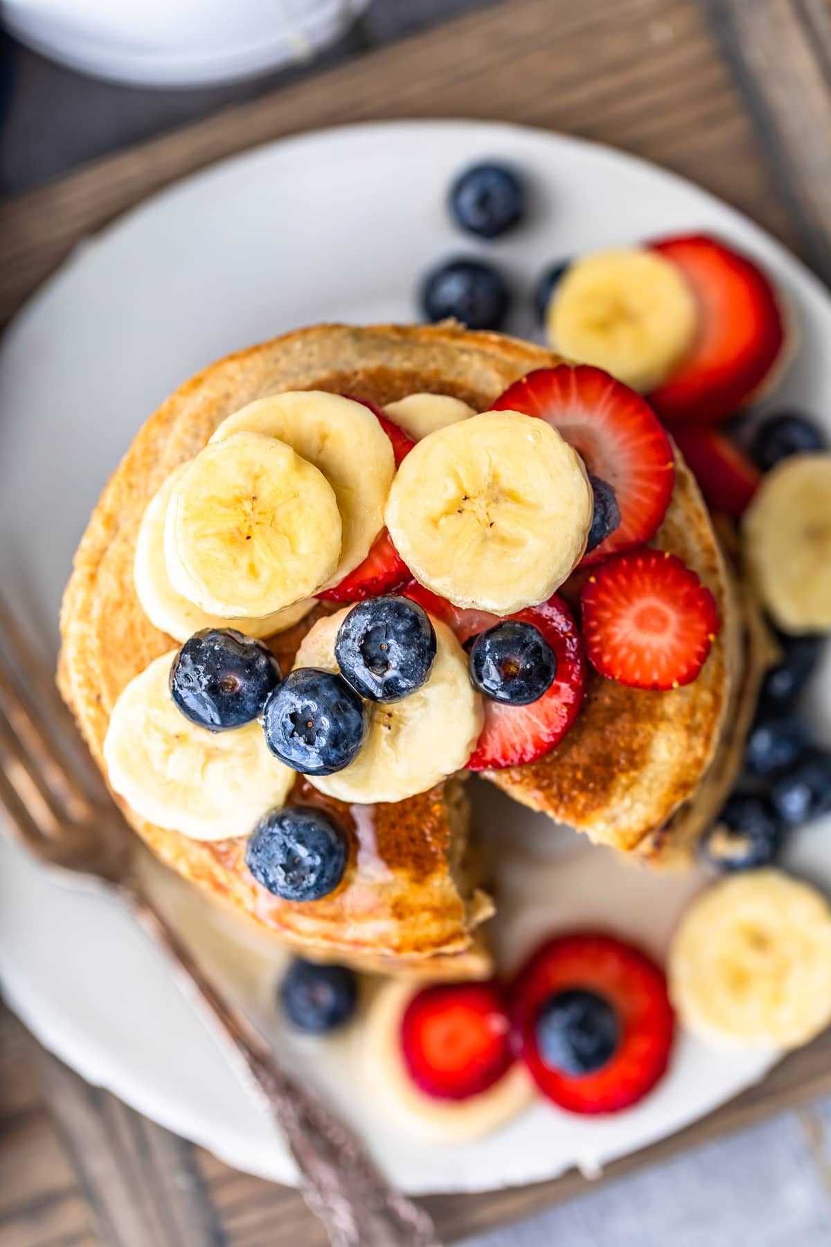 overhead shot of banana pancakes stacked