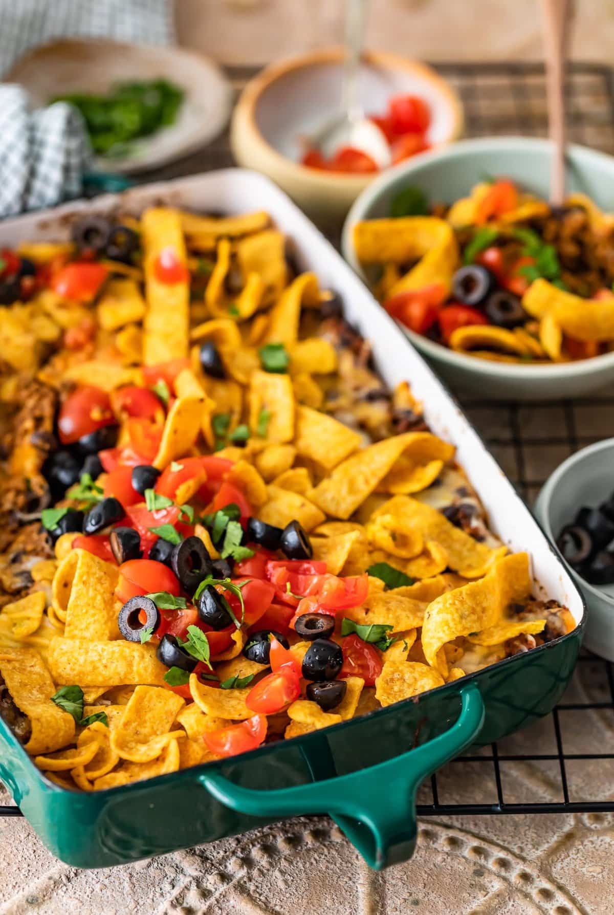 corn chips, tomatoes, cheese, and beef casserole 