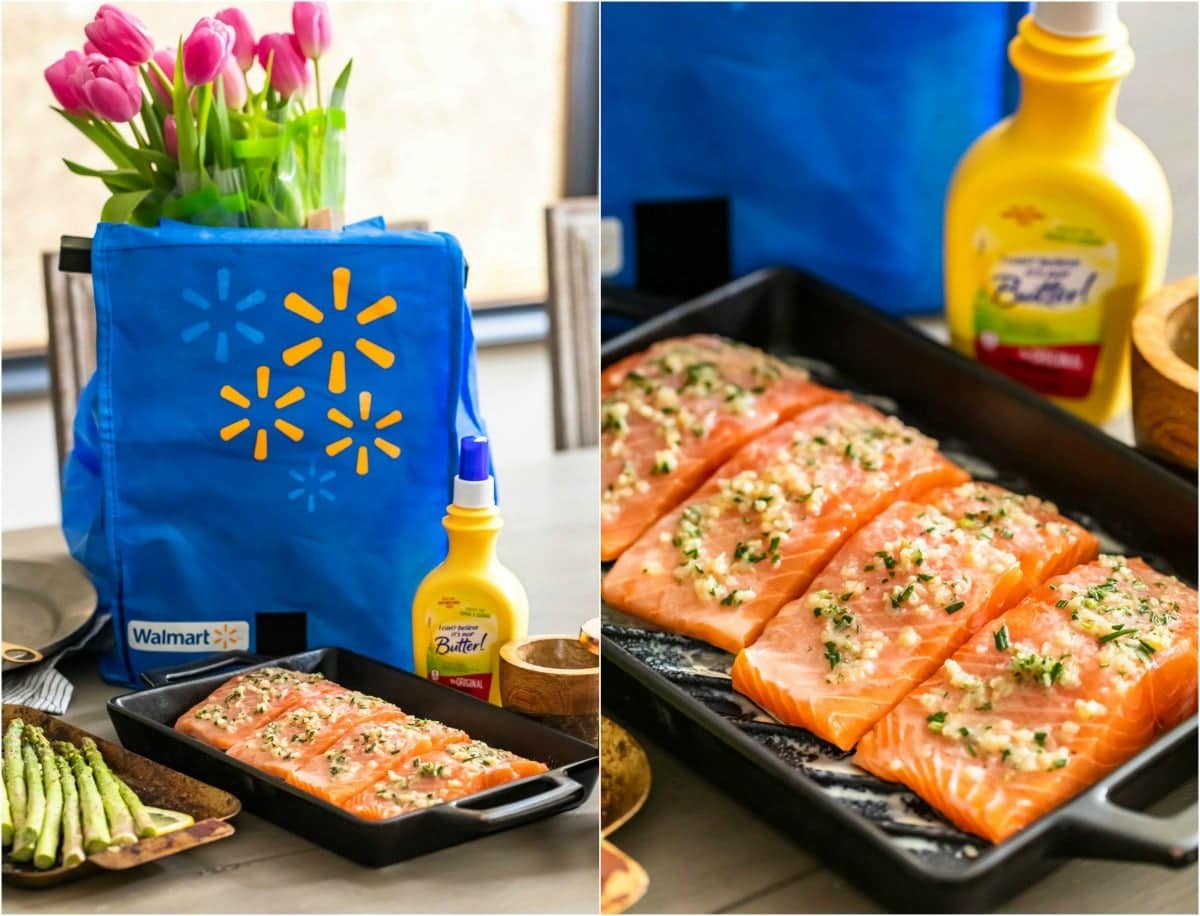 Photo collage of salmon in a baking dish 