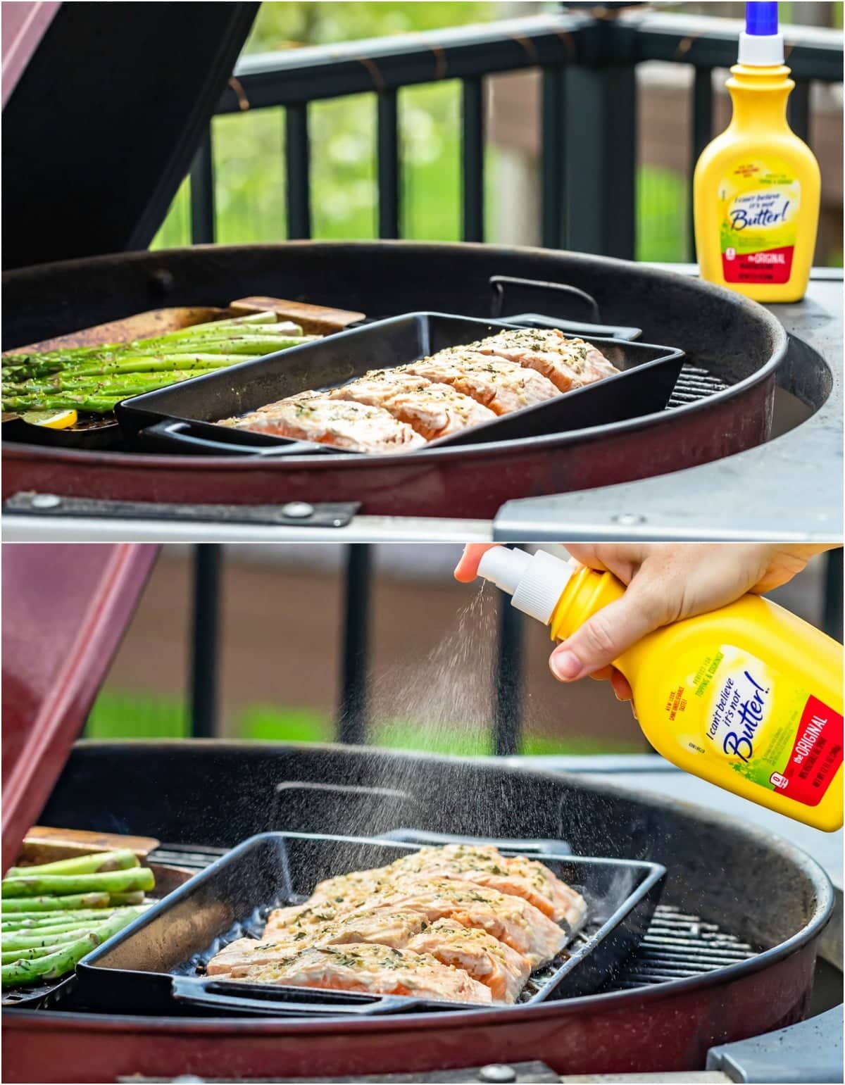 bottle of I Can't Believe It's Not Butter Spray next to an outdoor grill 