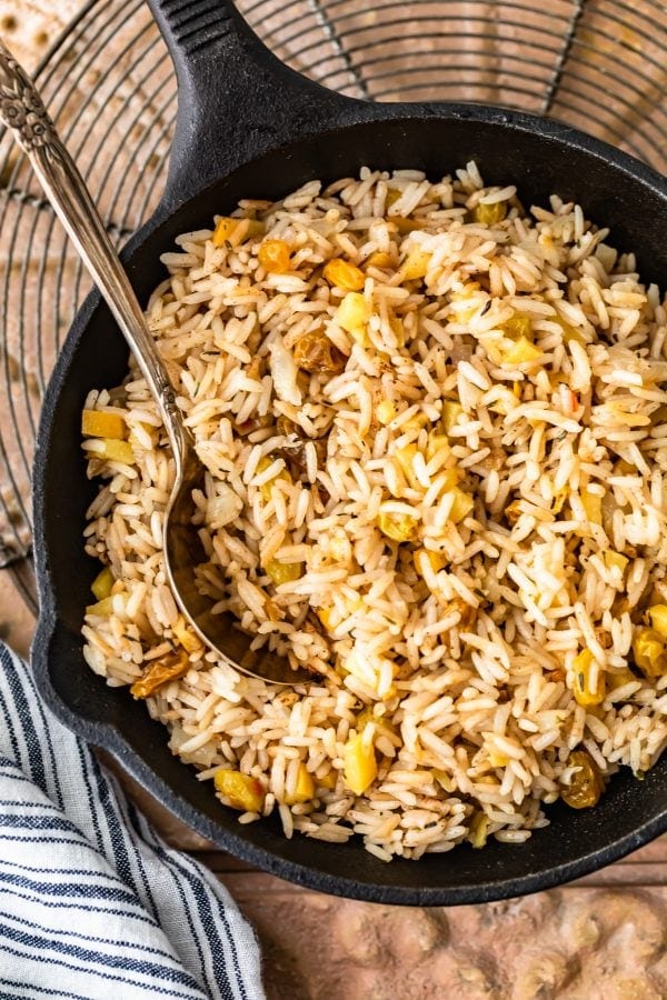 rice dish in a cast iron skillet