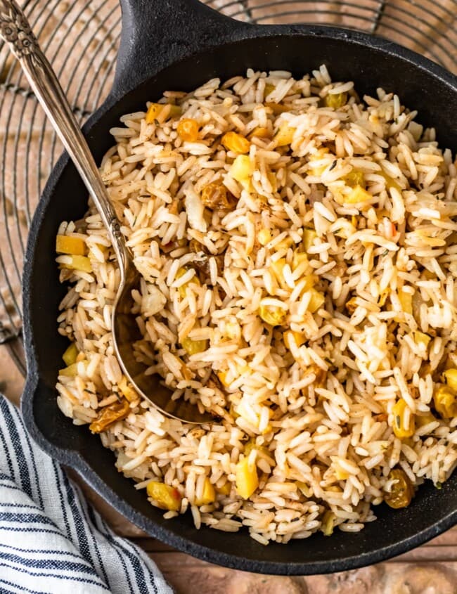 A bowl of food, with Pilaf and Spice