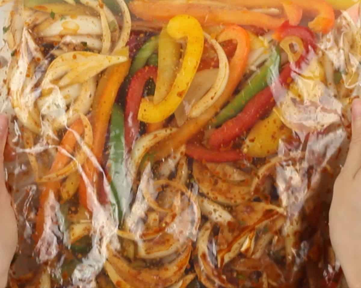 Veggies marinating in a Ziplock bag.