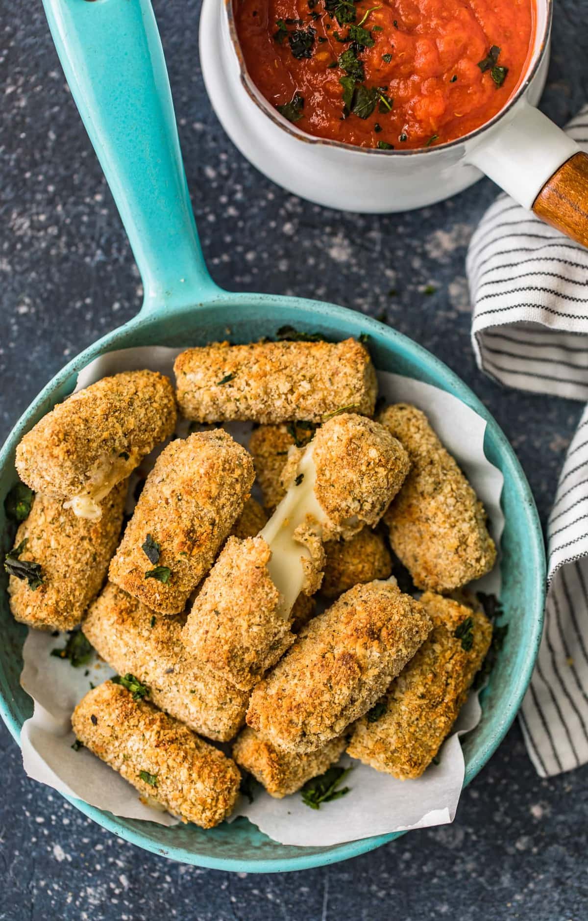 Top shot of baked mozzarella cheese sticks ready to be served
