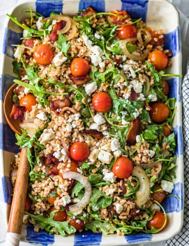 blt farro salad in blue and white checkered serving dish
