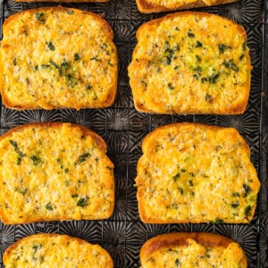overhead shot of cheesy garlic bread on texas toast