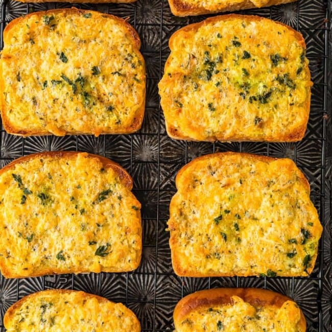 overhead shot of cheesy garlic bread on texas toast