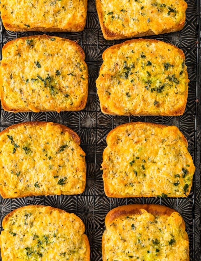 overhead shot of cheesy garlic bread on texas toast