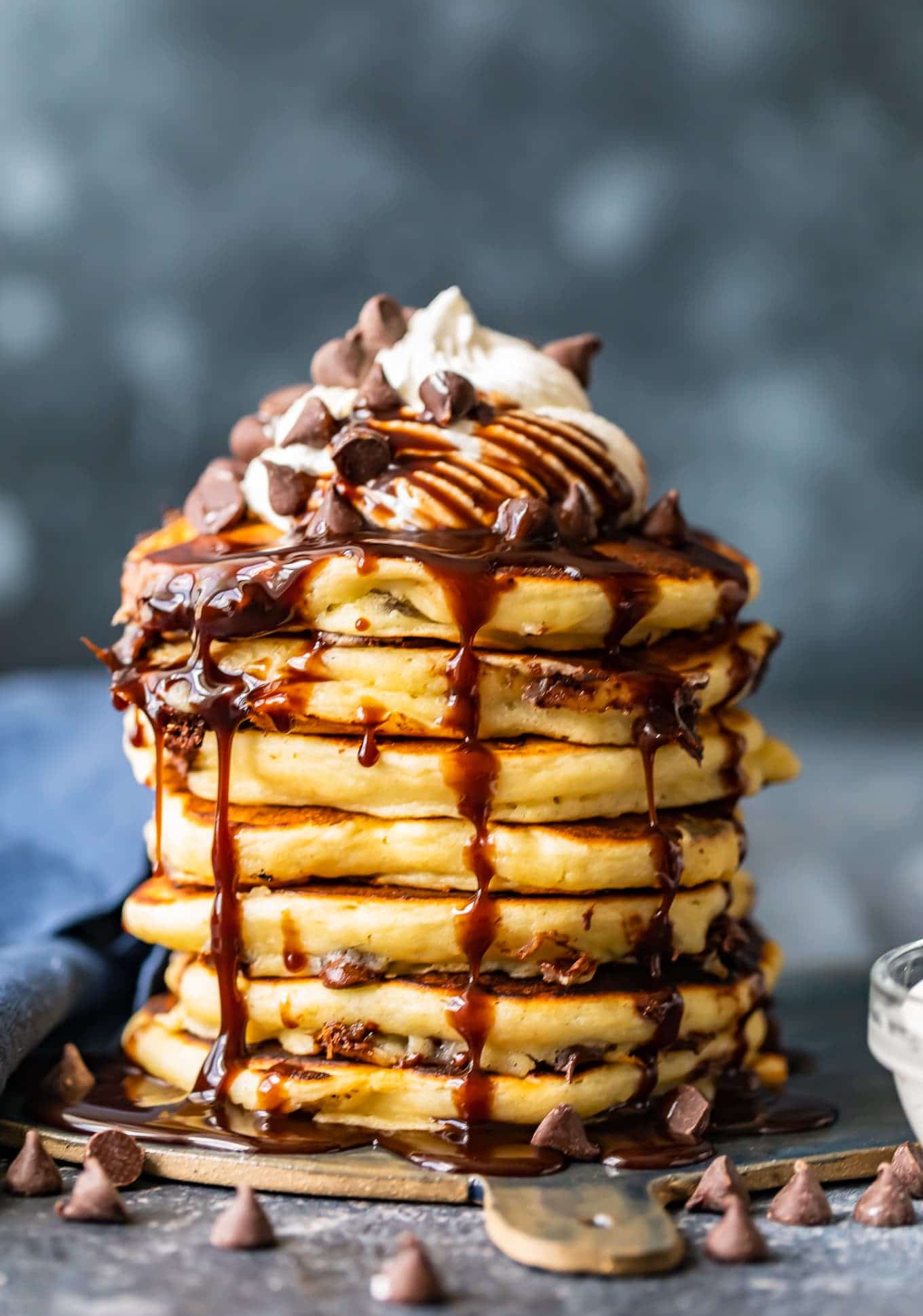 Close up of a stack of chocolate chip pancakes