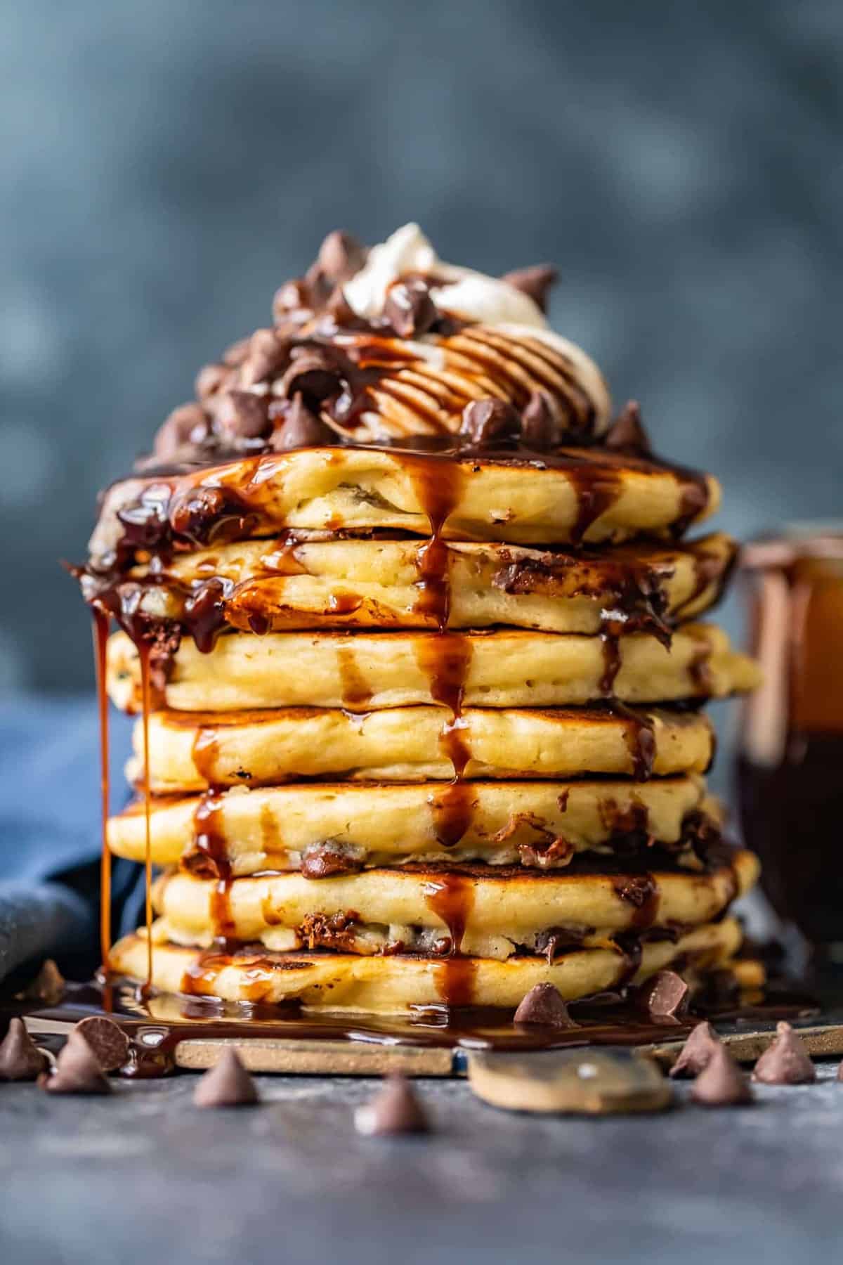 A stack of chocolate chip pancakes