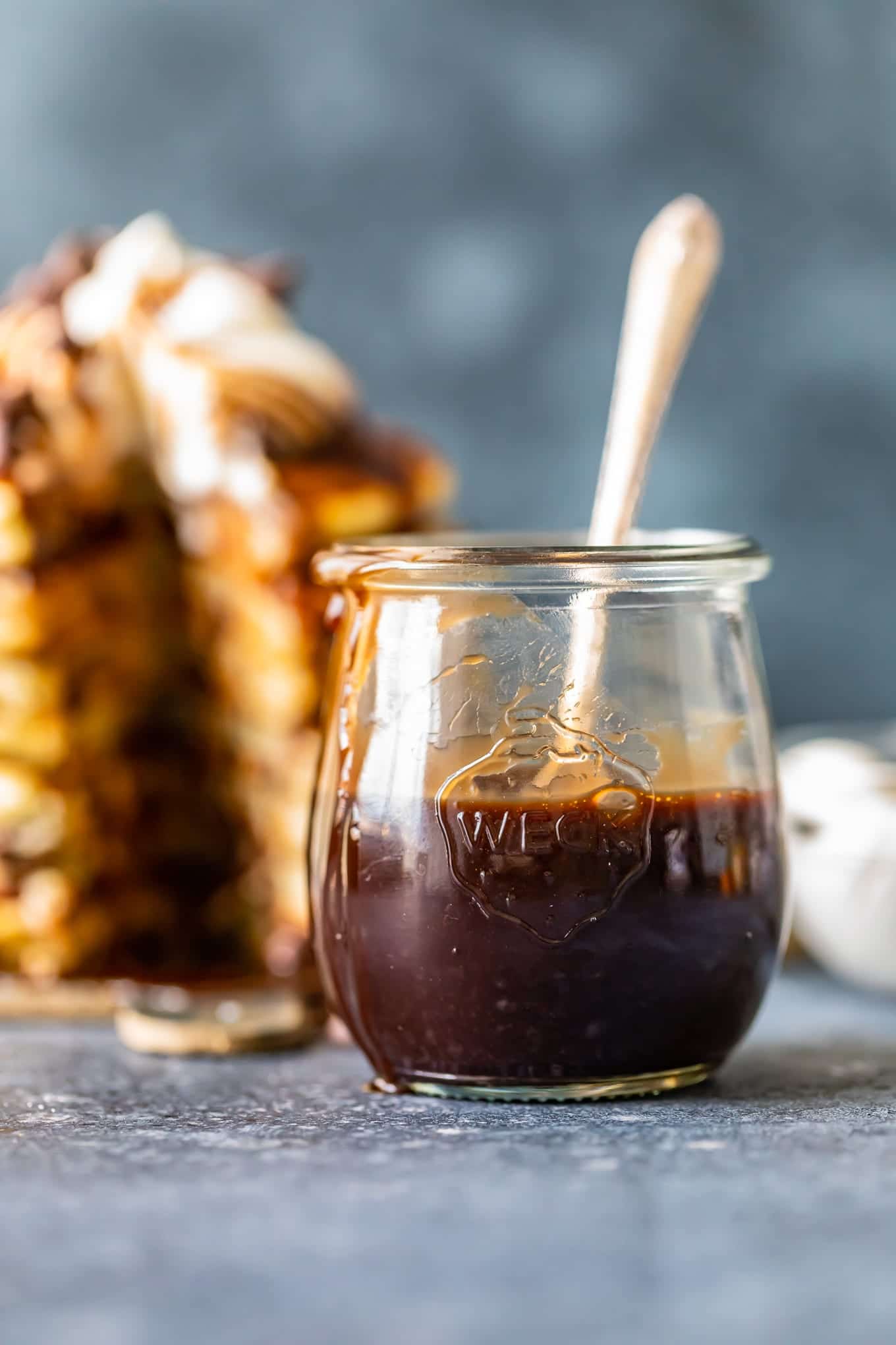 A jar of chocolate syrup
