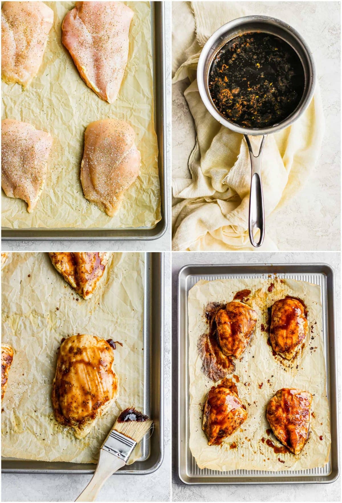 step by step photo collage of glazing chicken