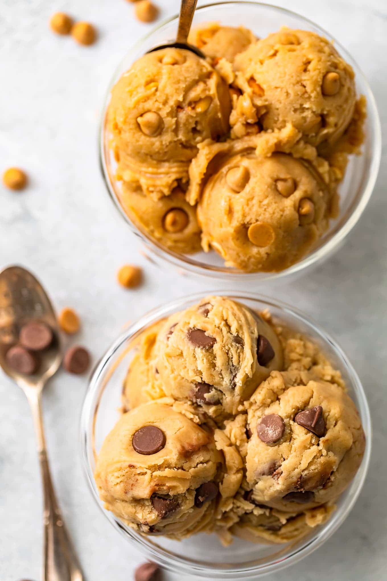 bowls of peanut butter cookie dough and chocolate chip cookie dough