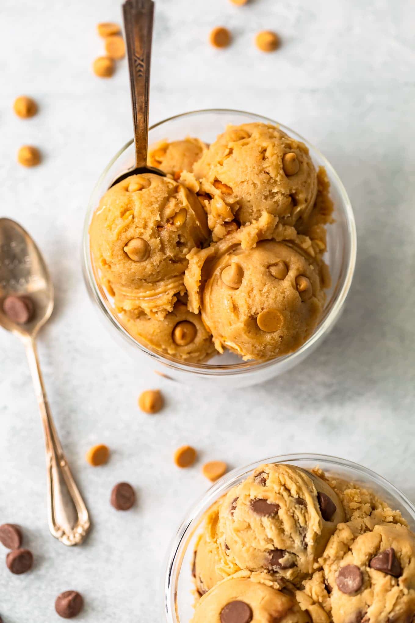 a bowl of cookie dough with a spoon