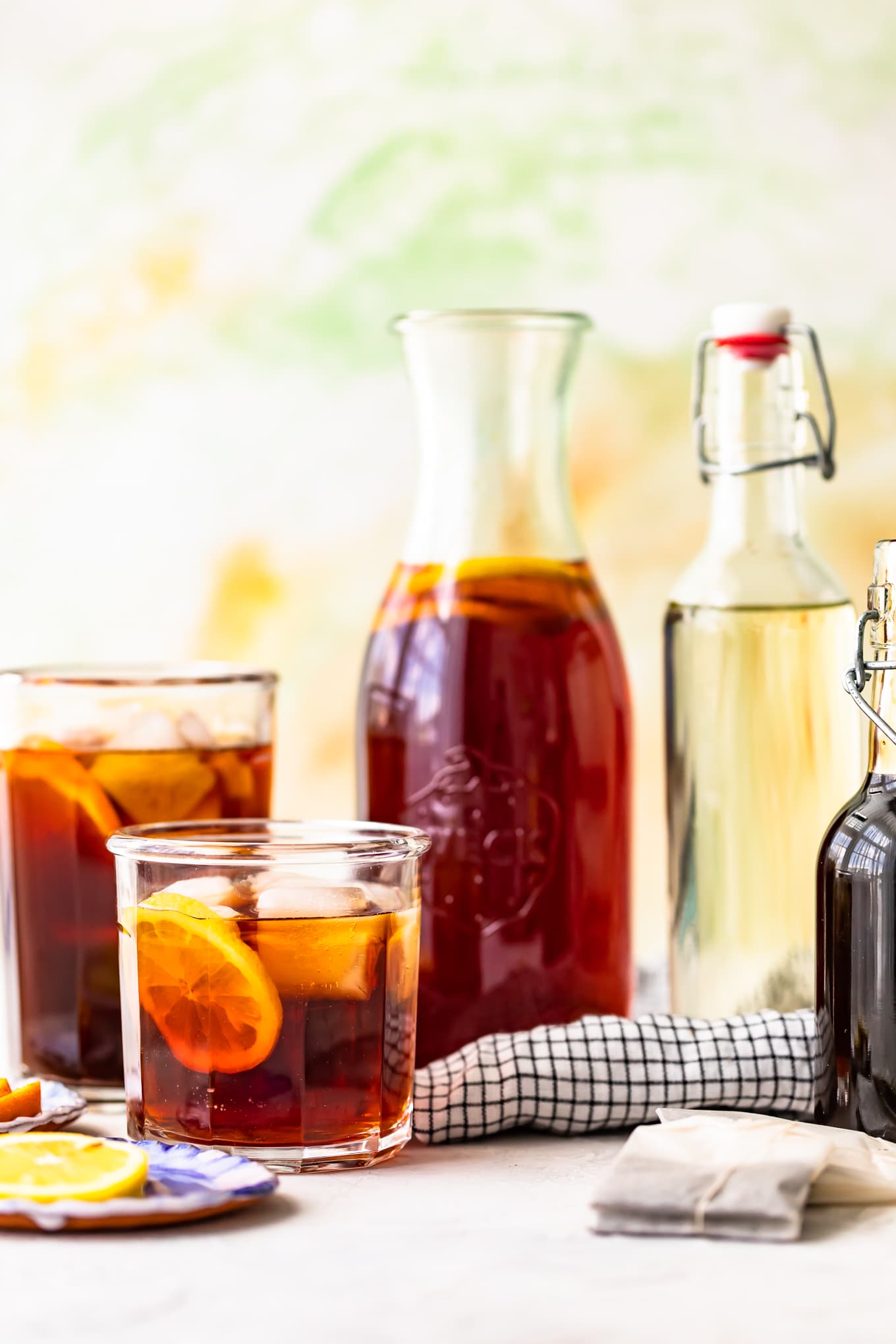 Glasses of homemade sweet iced tea with garnish