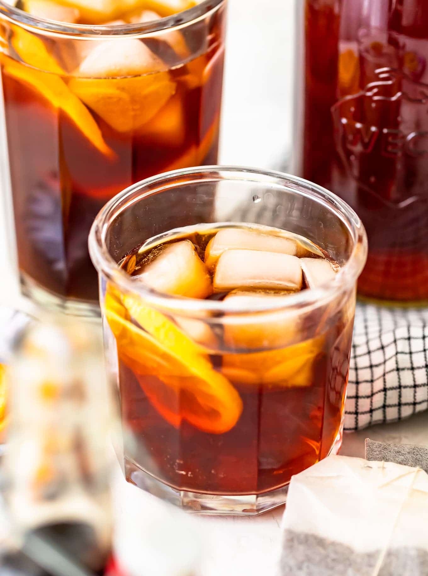 A glass of homemade sweet tea with ice and lemon