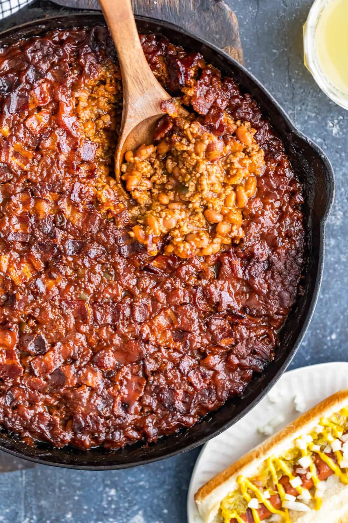 skillet filled with beans, beef, and bacon