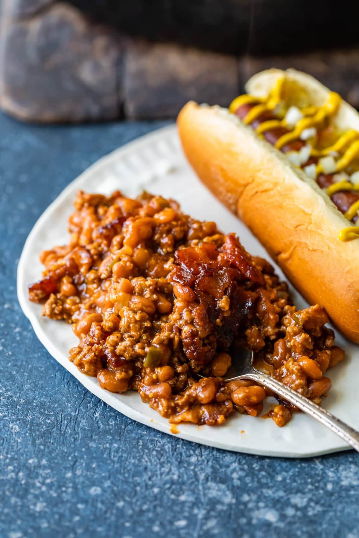 plate with hot dog and beans