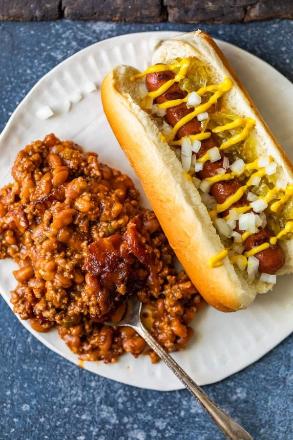 plate with a hot dog and baked beans