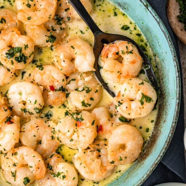 Garlic Shrimp is a simple, easy recipe to make for appetizers or for dinner. This spicy garlic shrimp recipe is just SO tasty, and only takes about 10 minutes to makes. Serve this sauteed garlic shrimp as a quick app, or turn it into a creamy garlic shrimp pasta. Either way, everyone will love it!