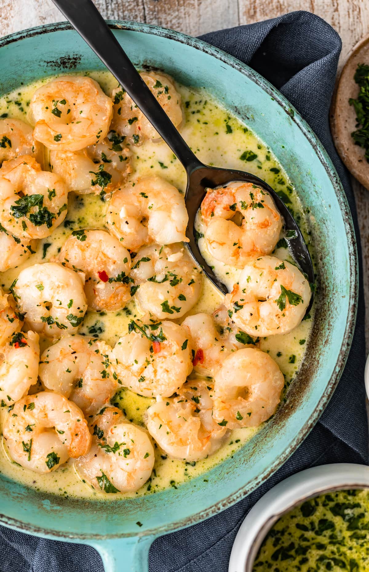 spicy garlic shrimp in cream sauce in skillet