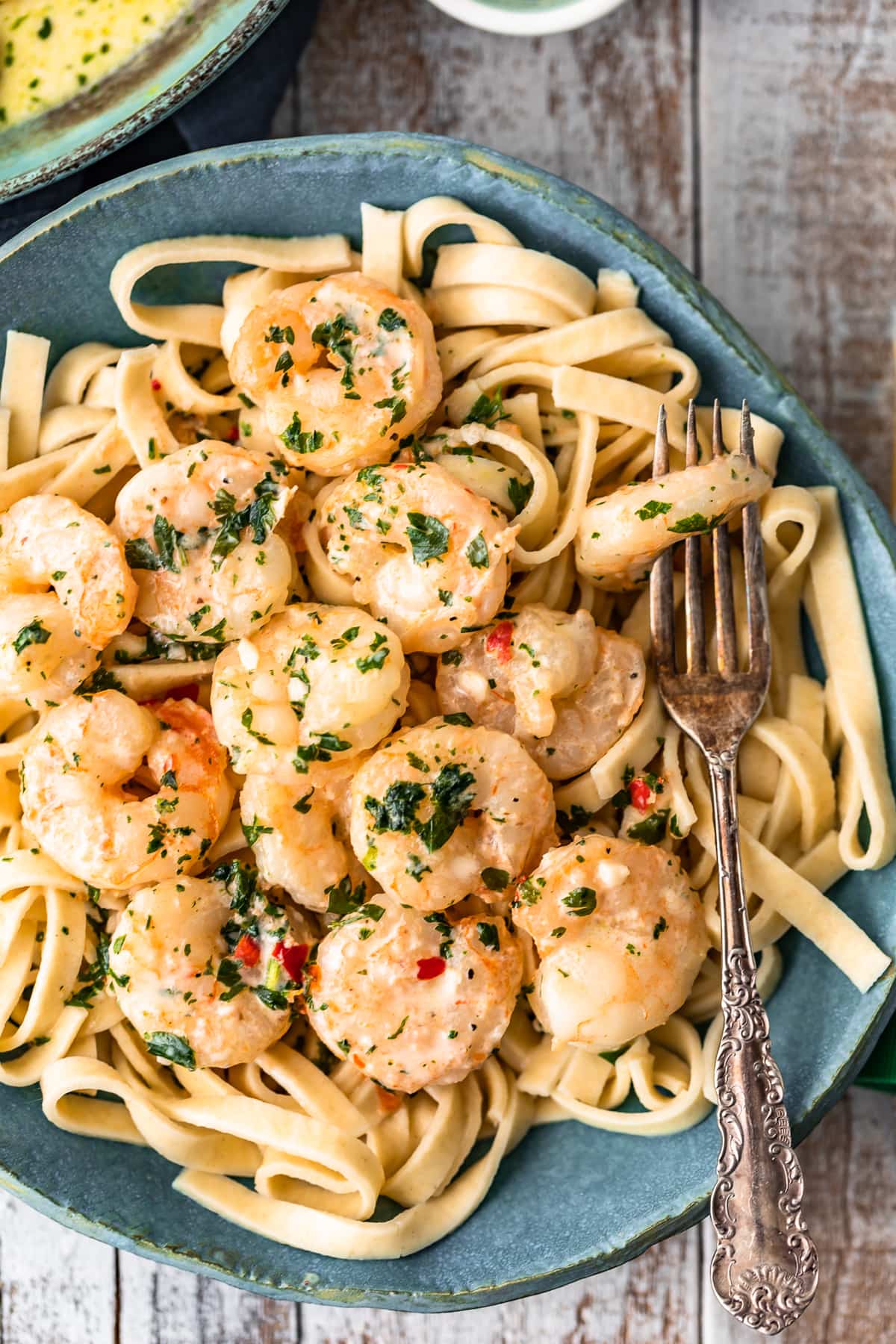 spicy garlic shrimp garnished with parsley in a cream sauce over pasta