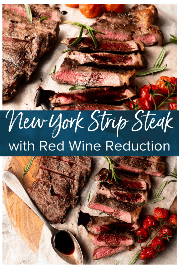 Red wine reduction accompanies a delicious New York strip steak.