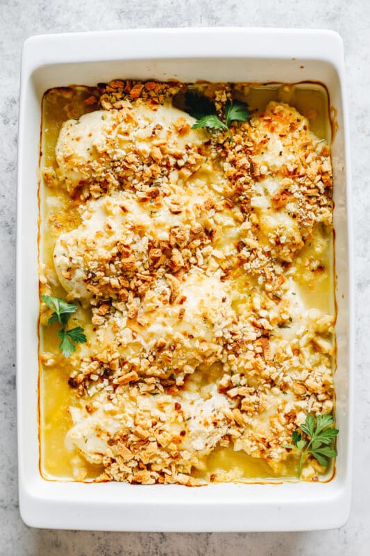 baked swiss chicken in casserole dish