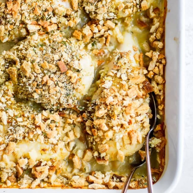 swiss chicken bake in a white baking dish