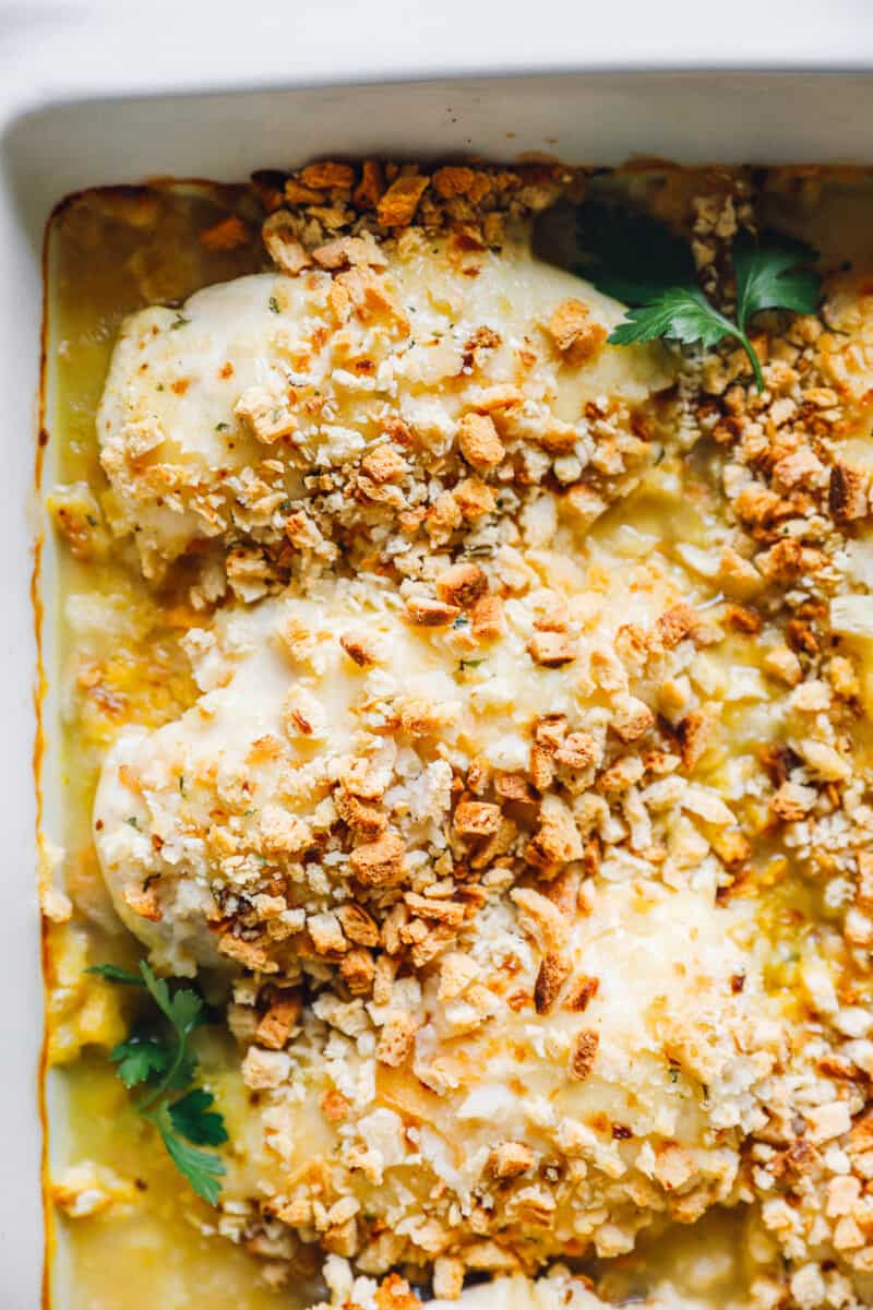 up close baked swiss chicken in casserole dish