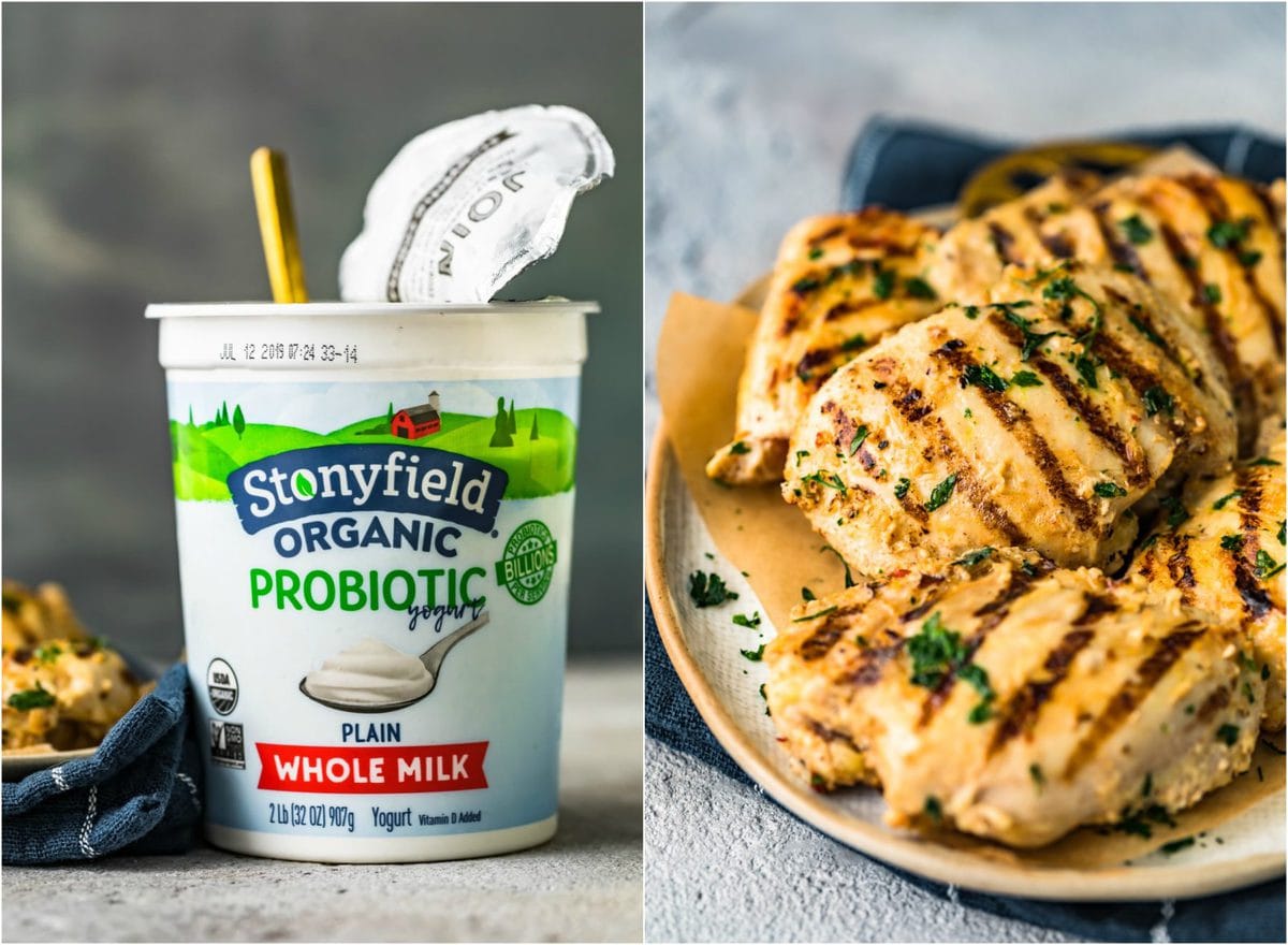 tub of stonyfield yogurt next to yogurt marinated chicken thighs 