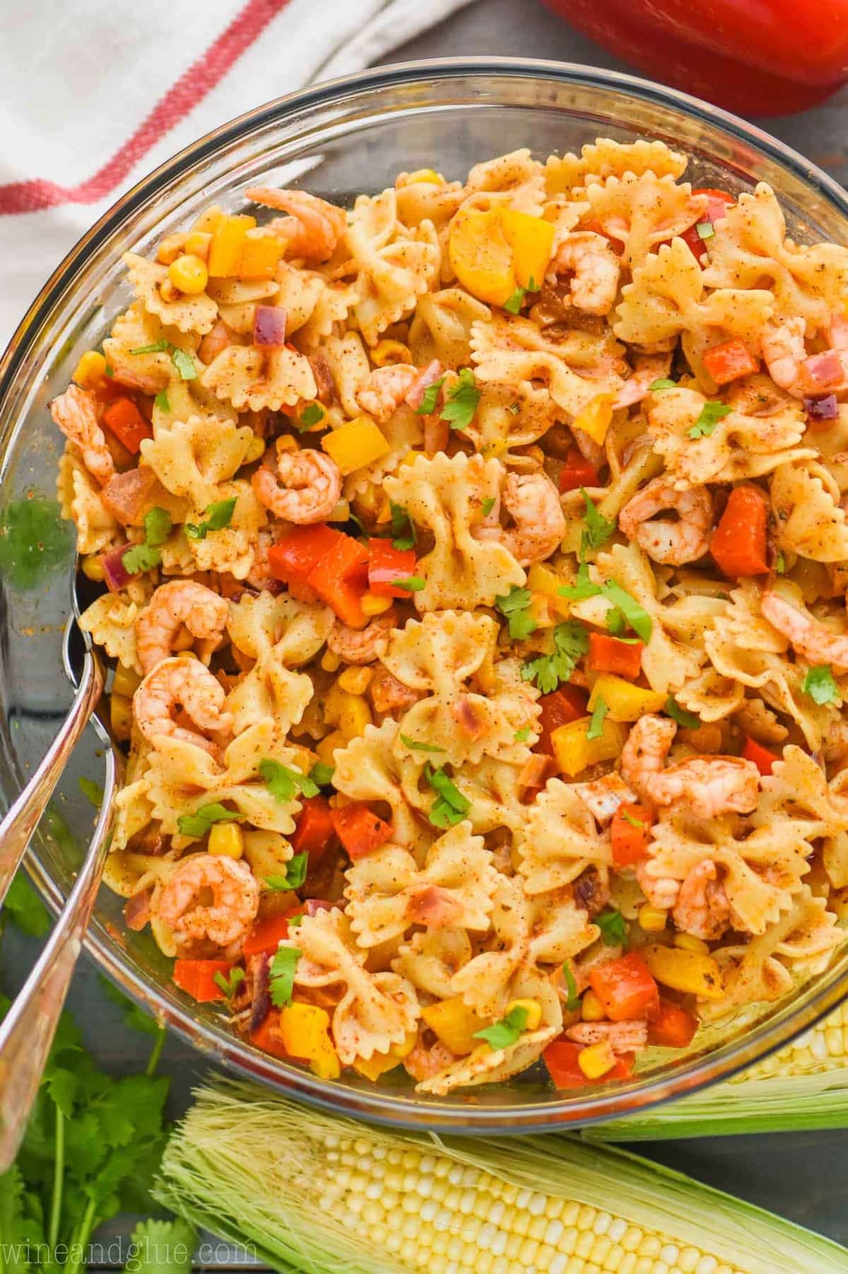 big bowl of shrimp bowtie pasta