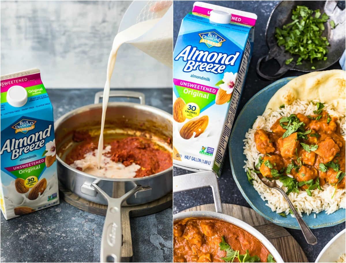 Blue Diamond Almond Milk being used in chicken curry dish