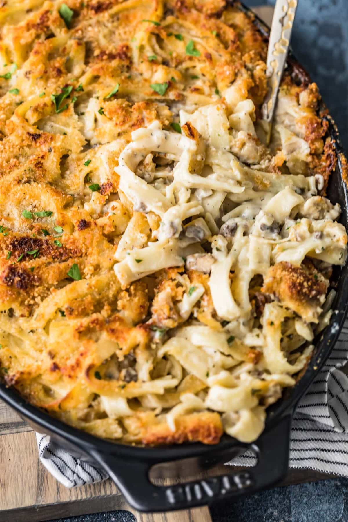 chicken tetrazzini in a casserole dish