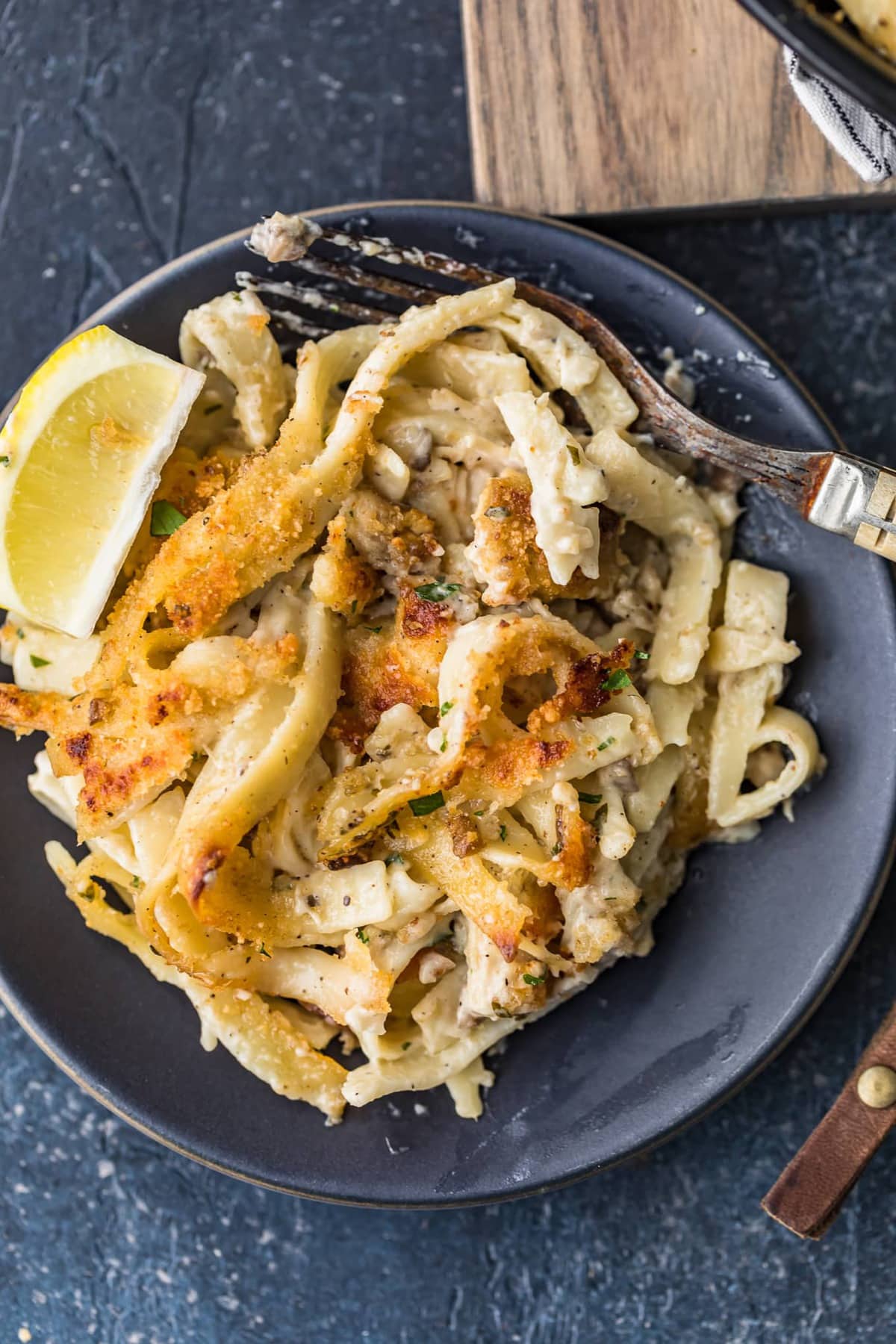 Top shot of chicken tetrazzini served on a plate with a fork