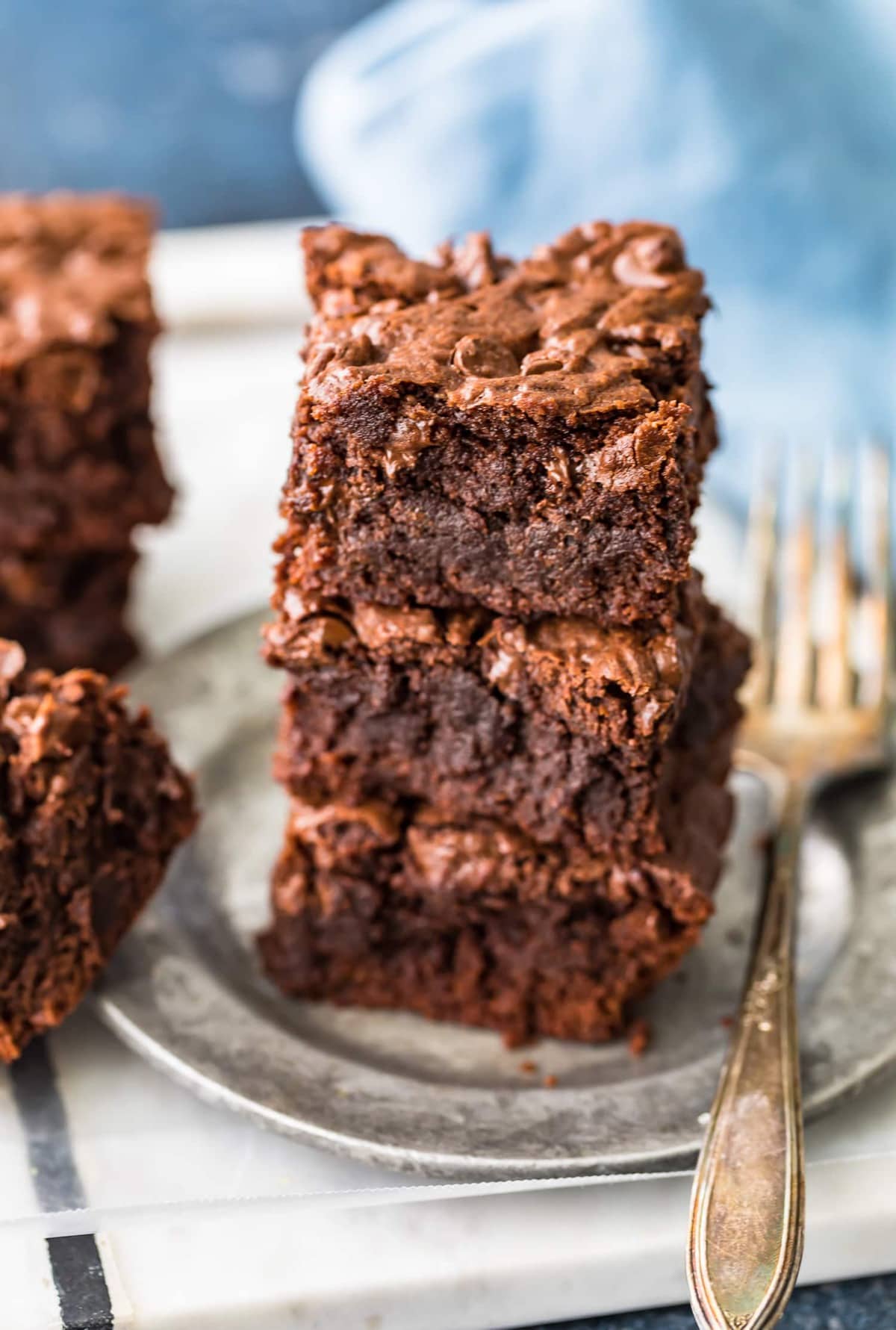 chocolate brownies on plate with fork