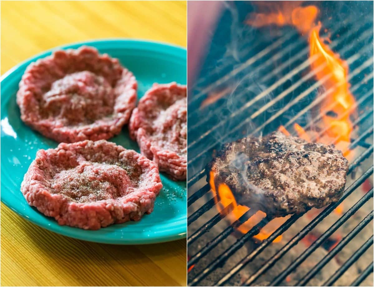 Uncooked burger patties and a patty being cooked on the grill