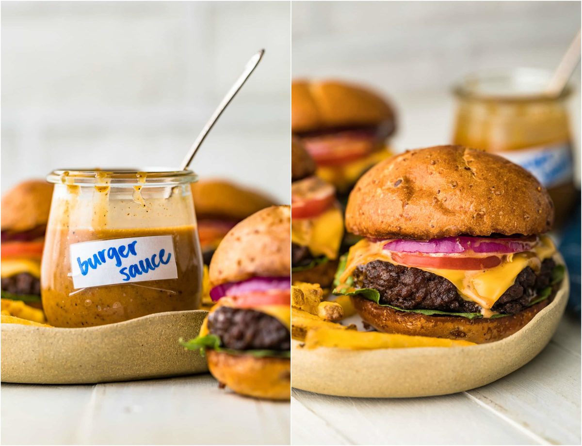 A jar of burger sauce and a juicy grilled burger in a bun