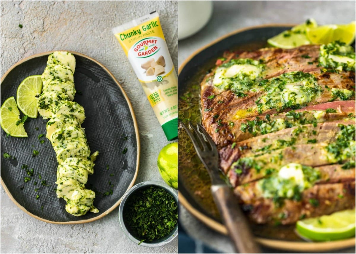 plate of cilantro butter and plate of flank steak