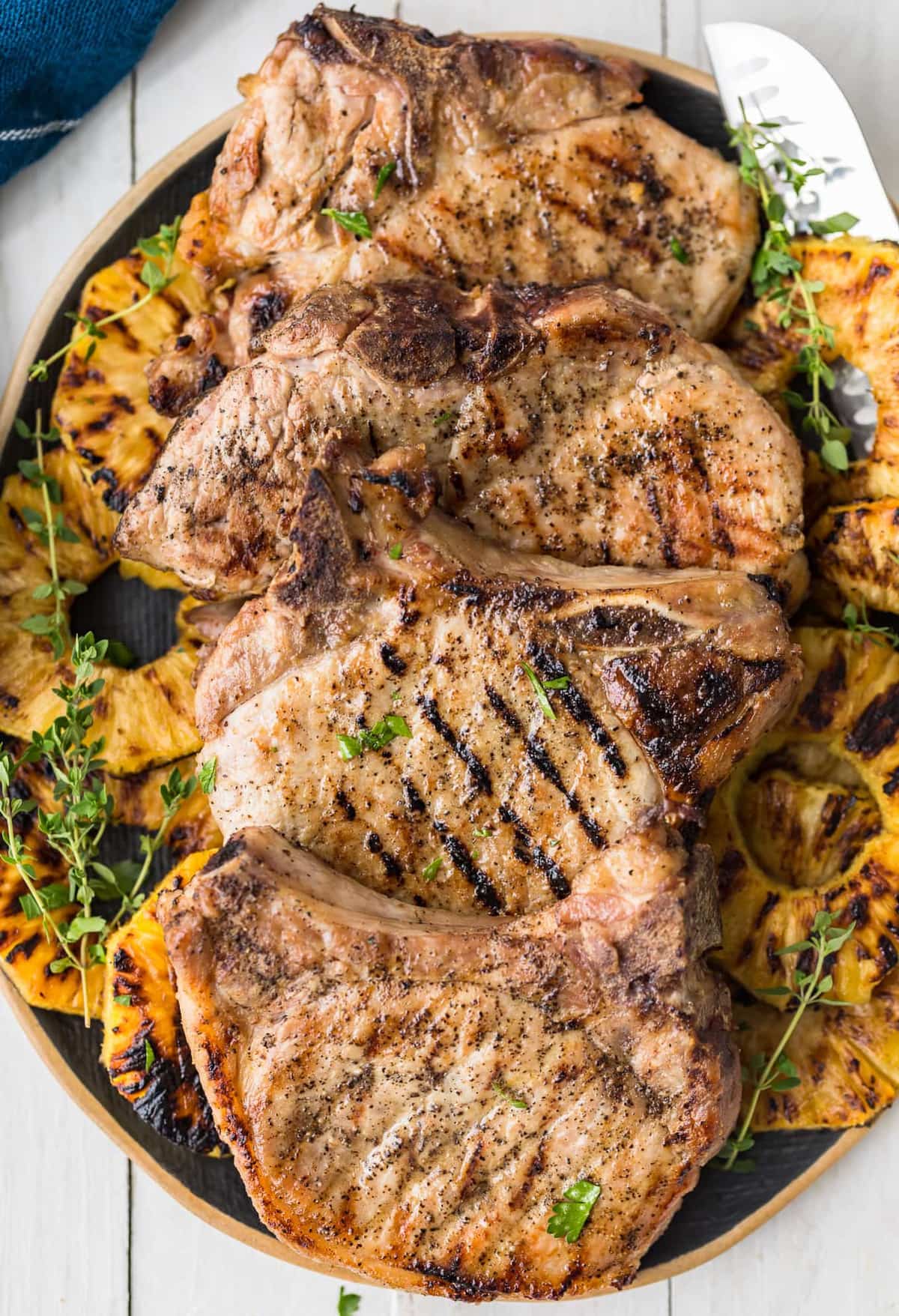 Close up of pork chops on a serving platter