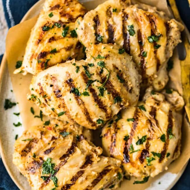 yogurt marinated chicken thighs on platter