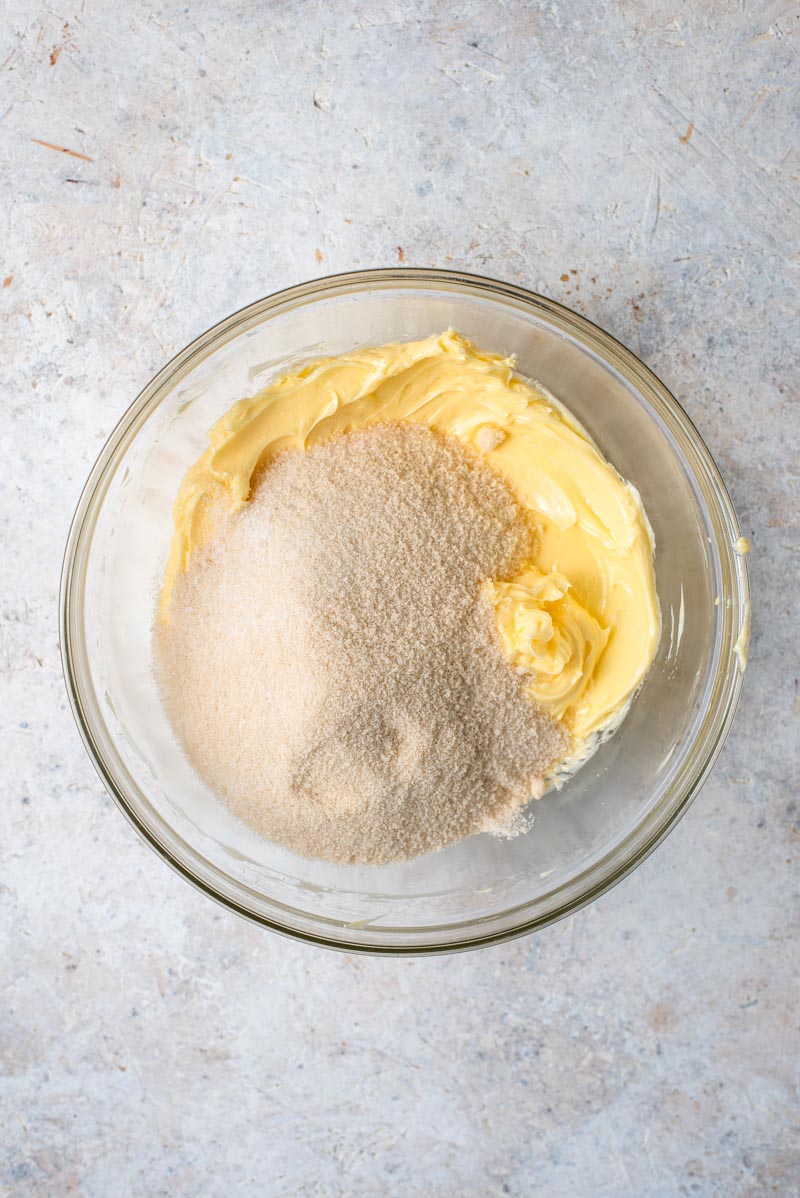 An overhead shot of butter and sugar used in making Brown Sugar Cookies with CHocolate CHips.