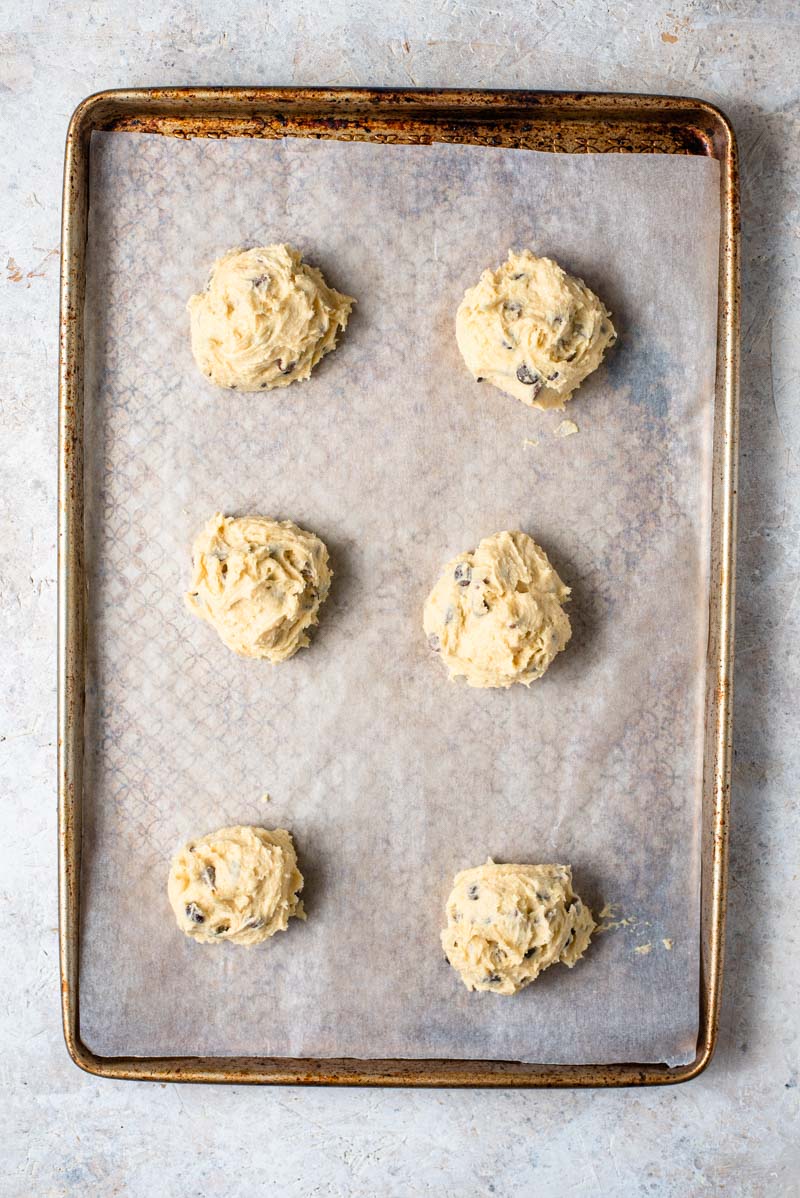 Brown Sugar Cookies with Chocolate Chips on a baking sheet, ready to go into the oven.