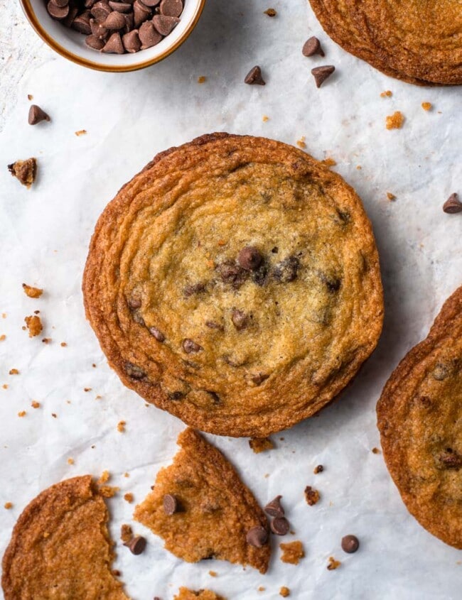 overhead picture of giant brown sugar chocolate chip cookie on table