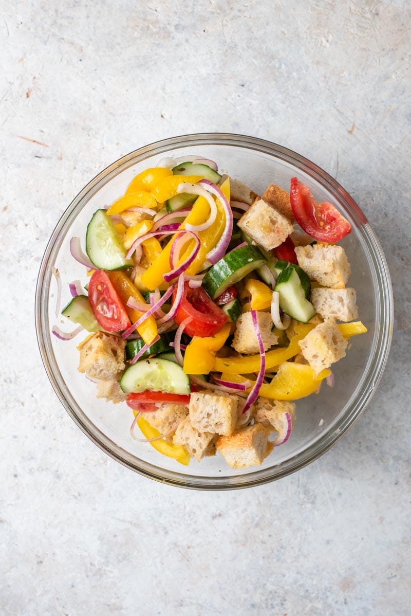 Panzanella salad in a glass bowl