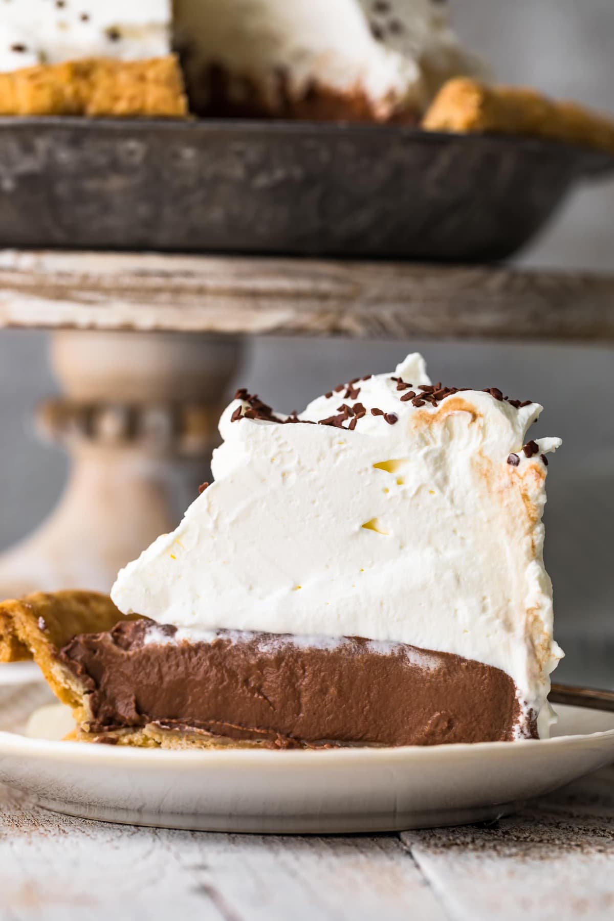 a slice of chocolate cream pie